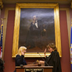 
              Speaker of the House Melissa Hortman, left, is sworn in after being reelected for her third term during the first day of the 2023 legislative session, Tuesday, Jan. 3, 2023, in St. Paul, Minn. (AP Photo/Abbie Parr)
            