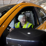 
              U.S. Treasury Secretary Janet Yellen sits inside a newly build vehicle during her tour at the Ford Assembling Plant in Pretoria, South Africa, Thursday, Jan. 26, 2023. (AP Photo/Themba Hadebe)
            