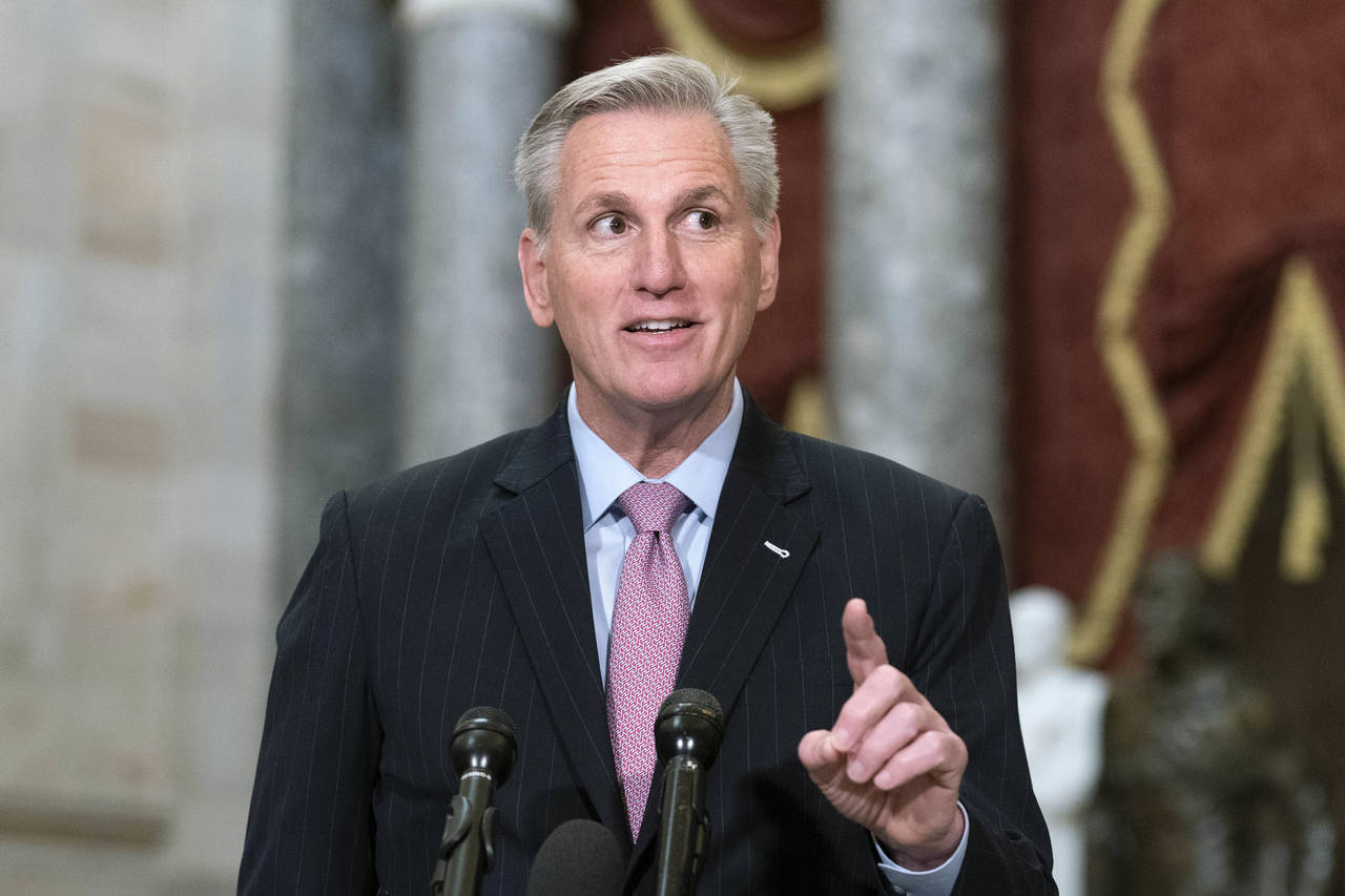 Speaker of the House Kevin McCarthy, R-Calif., speaks during a news conference in Statuary Hall at ...