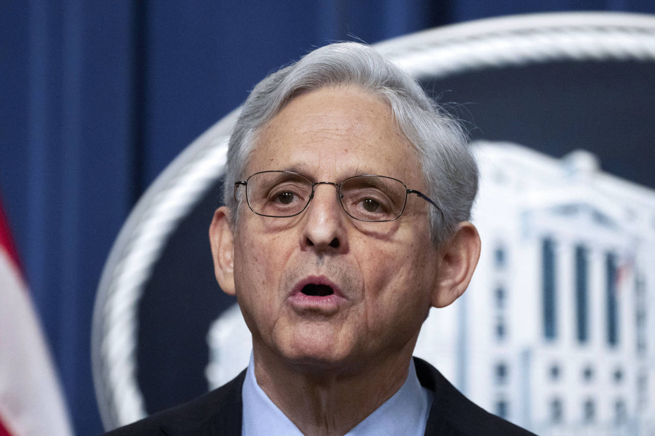 Attorney General Merrick Garland speaks during a news conference at the Department of Justice, Thur...