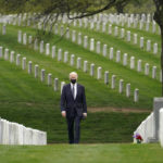 
              FILE - President Joe Biden visits Section 60 of Arlington National Cemetery in Arlington, Va., on April 14, 2021. Biden announced the withdrawal of the remainder of U.S. troops from Afghanistan by Sept. 11, 2021, the 20th anniversary of the terrorist attacks on America. (AP Photo/Andrew Harnik, File)
            