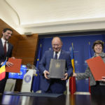 
              French and Dutch Foreign Ministers Catherine Colonna, right, and Wopke Hoekstra, left, smile along with Romanian counterpart Bogdan Aurescu after signing the Bucharest Declaration on Foreign and Security cooperation between Romania, the French Republic and the Netherlands, at the Romanian foreign ministry in Bucharest, Romania, Friday, Jan. 27, 2023. (AP Photo/Andreea Alexandru)
            