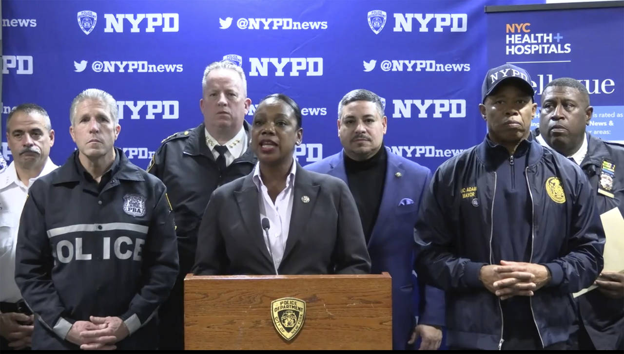 This photo provided by NYPD, New York City Police Commissioner Keechant Sewell address the media du...
