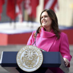 
              Arkansas Gov. Sarah Huckabee Sanders speaks after taking the oath of the office on the steps of the Arkansas Capitol Tuesday, Jan. 10, 2023, in Little Rock, Ark. (AP Photo/Will Newton)
            