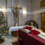 
              In this image released on Sunday, Jan. 1, 2023, by the Vatican Media news service, late Pope Emeritus Benedict XVI is laid out in state in the chapel of the monastery 'Mater Ecclesiae' where he mostly lived after retiring on Feb. 28, 2013. Pope Benedict, the German theologian who will be remembered as the first pope in 600 years to resign, has died, the Vatican announced Saturday Dec. 31, 2022. He was 95. (Vatican Media via AP)
            