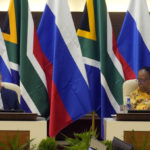 
              Russia's Foreign Minister Sergey Lavrov, left, speaks as his South Africa's counterpart Naledi Pandor listens, during their opining remarks of their meeting in Pretoria, South Africa, Monday, Jan. 23, 2023. Lavrov arrived in South Africa for diplomatic talks with his counterpart amid heightened global tensions over the country's war with Ukraine. (AP Photo/Themba Hadebe)
            