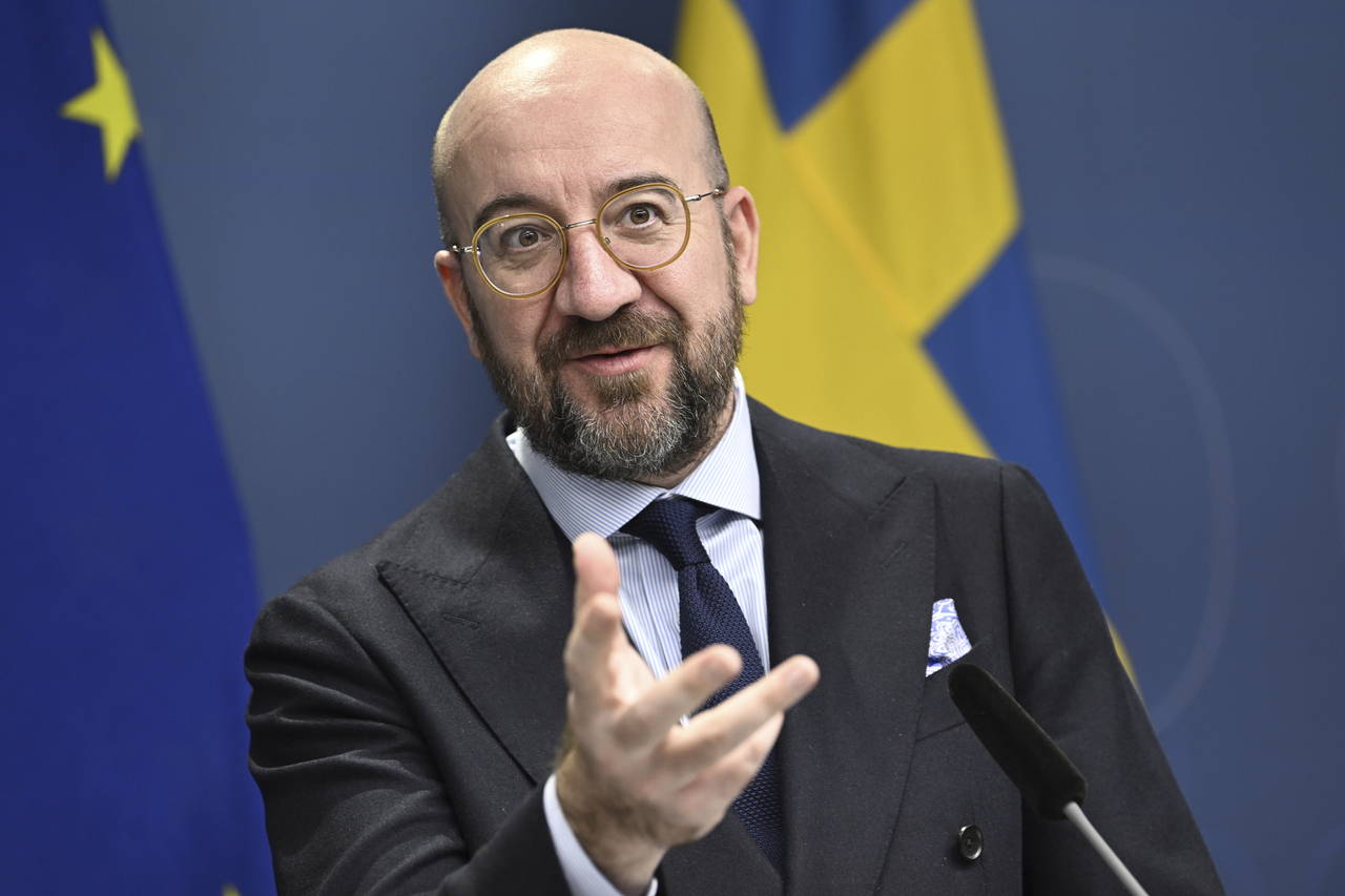 European Council President Charles Michel speaks during a joint press conference with Swedish Prime...