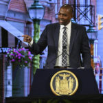 
              New York Lt. Gov. Antonio Delgado speaks after being sworn into office during Gov. Kathy Hochul's inauguration ceremony, Sunday, Jan. 1, 2023, in Albany, N.Y. (AP Photo/Hans Pennink)
            