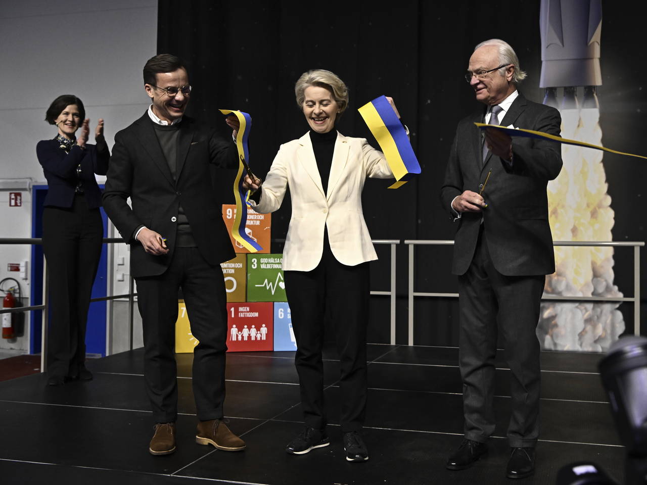 From left, Sweden's Prime Minister Ulf Kristersson, European Commission President Ursula von der Le...