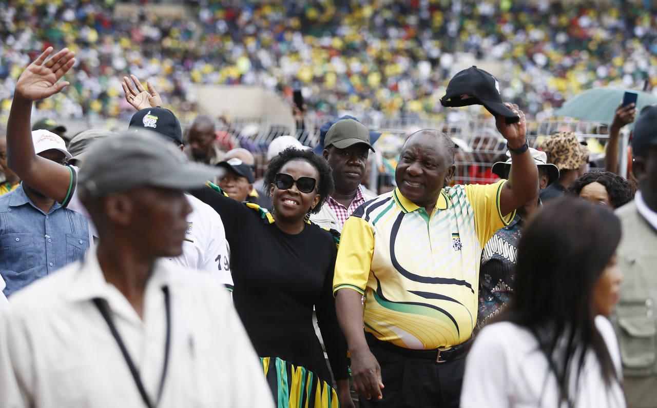 African National Congress (ANC) Party President, President Cyril Ramaphosa, centre right, greets su...
