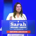 
              FILE - Arkansas Gov.-elect Sarah Huckabee Sanders speaks during her election night party, Nov. 8, 2022, in Little Rock, Ark. Sanders will be sworn in as Arkansas' 47th governor on Tuesday, Jan. 10, 2023, becoming the first woman to hold the post in her home state. (AP Photo/Will Newton, File)
            