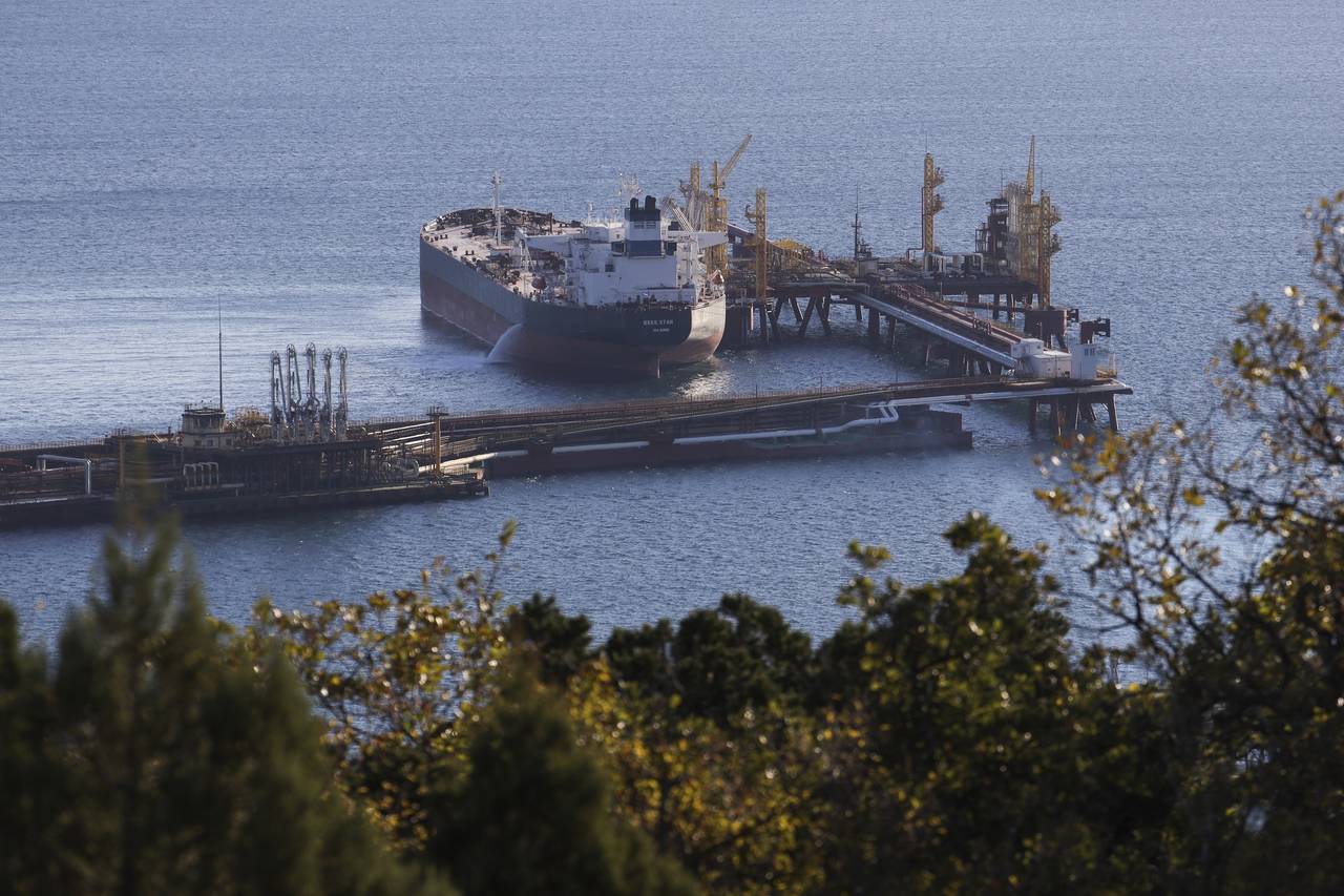 FILE - An oil tanker is moored at the Sheskharis complex, part of Chernomortransneft JSC, a subsidi...
