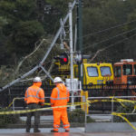 
              A tree toppled by high winds damaged wires and obstructs the southbound and northbound Caltrain train tracks in Burlingame, Calif., Thursday, Jan. 5, 2023. Damaging winds and heavy rains from a powerful "atmospheric river" pounded California on Thursday. (AP Photo/Godofredo A. Vásquez)
            