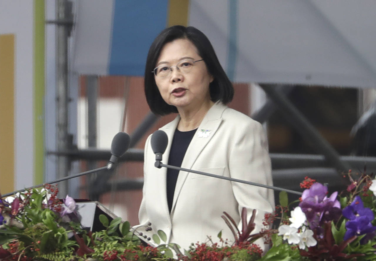 FILE - Taiwanese President Tsai Ing-wen delivers a speech during National Day celebrations in front...