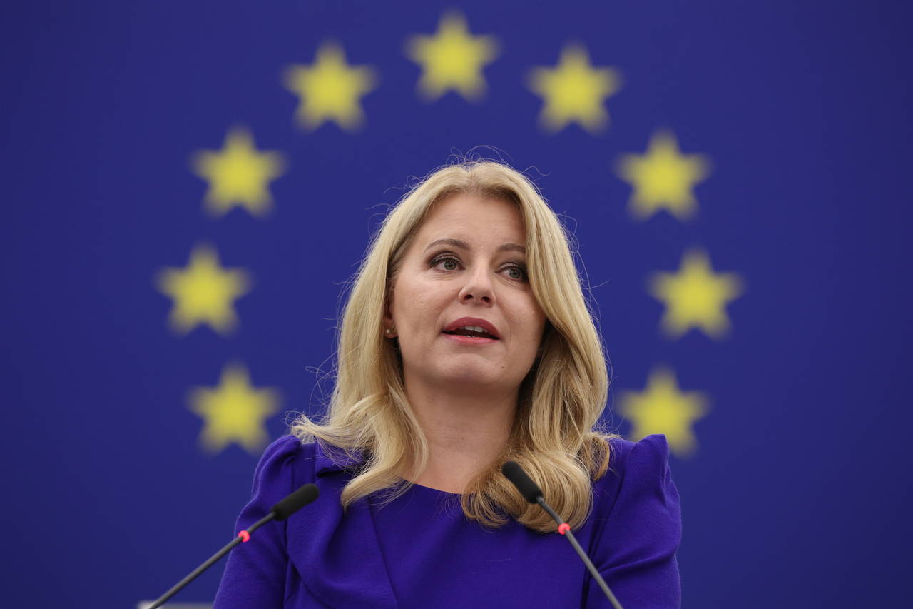 FILE - President of Slovakia Zuzana Caputova delivers her speech at the European Parliament, Wednes...