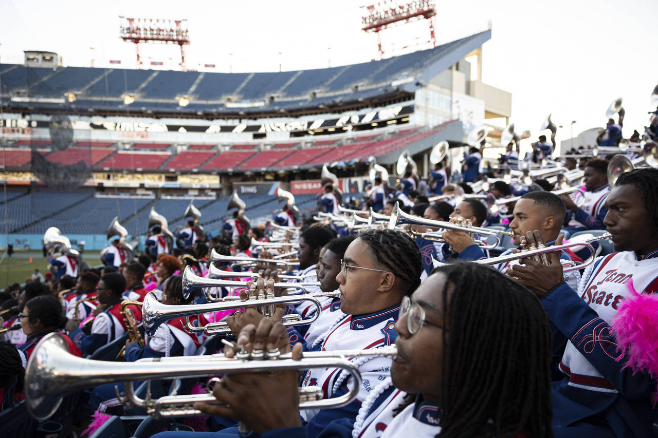 Members of the Tennessee State University marching band, known as the Aristocrat of Bands, perform ...