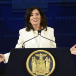 
              New York Gov. Kathy Hochul delivers her inauguration address, Sunday, Jan. 1, 2023, in Albany, N.Y. (AP Photo/Hans Pennink)
            