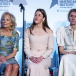 
              First lady Jill Biden, left, is joined by designers Alexandra O'Neill and Gabriela Hearst, during an event to present her 2021 inaugural ensembles to the Smithsonian's National Museum of American History, Wednesday, Jan. 25, 2023, in Washington. (AP Photo/Alex Brandon)
            