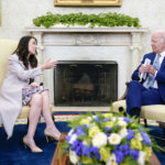 
              FILE - U.S. President Joe Biden meets with New Zealand Prime Minister Jacinda Ardern in the Oval Office of the White House, Tuesday, May 31, 2022, in Washington. Ardern, who was praised around the world for her handling of the nation’s worst mass shooting and the early stages of the coronavirus pandemic, said Thursday, Jan. 19, 2023, she was leaving office. (AP Photo/Evan Vucci, File)
            