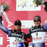 
              FILE - Bode Miller of the United States, right, winner of a World Cup Men's super-G, celebrates on the podium with second placed fellow countryman Daron Rahlves, at the World Cup finals, in Are, Sweden, Thursday, March,16, 2006. Mikaela Shiffrin's record 83rd World Cup victory Tuesday, Jan. 24, 2023 is only the latest exploit by an American team that has been producing success after success on the circuit since Daron Rahlves and Bode Miller started it all off more than 20 years ago. (AP Photo/Alessandro Trovati, File)
            