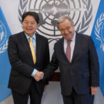 Hayashi Yoshimasa, Minister for Foreign Affairs of Japan, left, meets with United Nations Secretary General Antonio Guterres at United Nations headquarters, Thursday, Jan. 12, 2023. (AP Photo/John Minchillo)