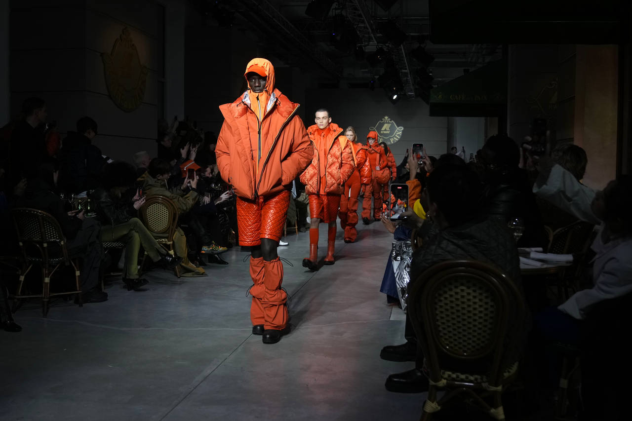 Models wear creations as part of the K-Way menswear Fall-Winter 2023-24 collection presented in Mil...