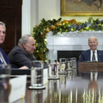 
              FILE - President Joe Biden, right, at the top of a meeting with congressional leaders to discuss legislative priorities for the rest of the year, Nov. 29, 2022, in the Roosevelt Room of the White House in Washington. From left are House Minority Leader Kevin McCarthy of Calif., Senate Majority Leader Chuck Schumer, of N.Y., and Biden. The president and the House speaker are preparing for their first official visit at the White House on Wednesday, ahead of a looming debt crisis. (AP Photo/Andrew Harnik, File)
            