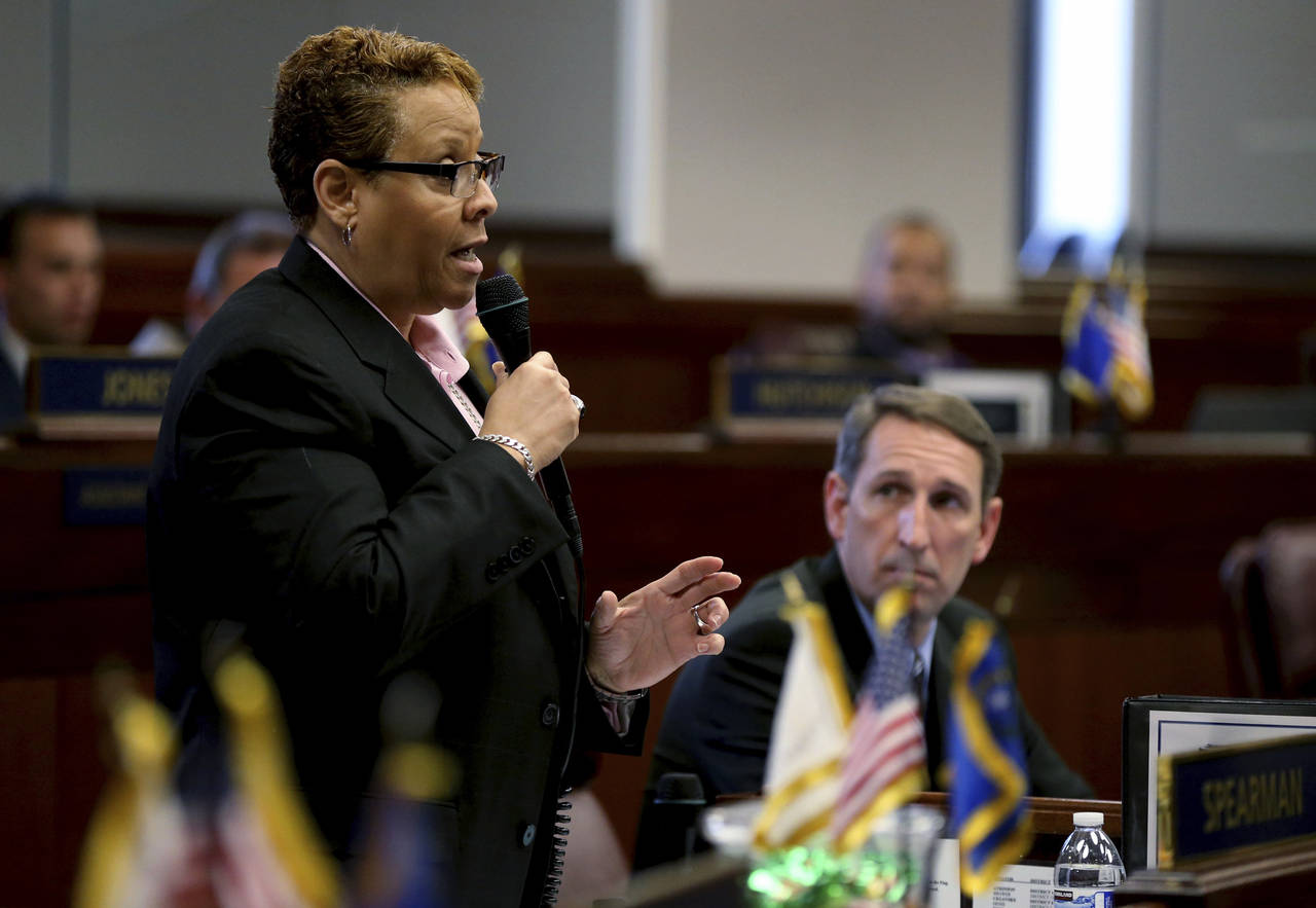 FILE - Nevada Sen. Pat Spearman, D-North Las Vegas, speaks on the Senate floor at the Legislative B...