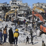 
              Rescuers and residents search through the rubble of collapsed buildings in the town of Harem near the Turkish border, Idlib province, Syria, Wednesday, Feb. 8, 2023. With the hope of finding survivors fading, stretched rescue teams in Turkey and Syria searched Wednesday for signs of life in the rubble of thousands of buildings toppled by a catastrophic earthquake. (AP Photo/Ghaith Alsayed)
            