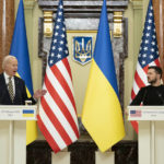 
              President Joe Biden speaks as he delivers a statement with Ukrainian President Volodymyr Zelenskyy at Mariinsky Palace on a surprise visit, Monday, Feb. 20, 2023, in Kyiv. (AP Photo/ Evan Vucci)
            