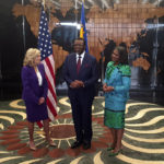 
              U.S. First Lady Jill Biden, left, with Namibian President Hage Geingob, center, and Namibian First Lady Monica Geingos, at State House in Windhoek, Namibia Wednesday, Feb. 22, 2023. Biden is in the country as part of a commitment by President Joe Biden to deepen U.S. engagement with the region. (AP Photo/Dirk Heinrich)
            