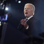 
              President Joe Biden delivers a speech marking the one-year anniversary of the Russian invasion of Ukraine, Tuesday, Feb. 21, 2023, at the Royal Castle Gardens in Warsaw. (AP Photo/ Evan Vucci)
            