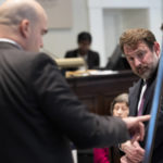 
              Prosecutor John Conrad reviews a timeline made by defense attorney Phillip Barber of events on Maggie Murdaugh's cell phone during Alex Murdaugh's trial for murder at the Colleton County Courthouse in Walterboro, S.C., on Wednesday, Feb. 1, 2023. (Joshua Boucher/The State via AP, Pool)
            