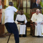 
              Pope Francis meets with representatives of charities, at the Apostolic Nunciature in Kinshasa, Democratic Republic of Congo, Wednesday, Feb. 1, 2023. Francis is in Congo and South Sudan for a six-day trip, hoping to bring comfort and encouragement to two countries that have been riven by poverty, conflicts and what he calls a "colonialist mentality" that has exploited Africa for centuries. (AP Photo/Gregorio Borgia)
            