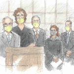 
              In this courtroom sketch, Patrick Crusius, second from left, appears in federal court accompanied by his legal team Joe Spencer, left, Mark Stevens, third from left, Rebecca Hudsmith, second from right, and Felix Valenzuela, right, on Wednesday, Feb. 8, 2023, in El Paso, Texas. Crusius pleaded guilty Wednesday to federal charges accusing him of killing nearly two dozen people in a 2019 racist attack at an El Paso Walmart, changing his plea weeks after the U.S. government said it wouldn’t seek the death penalty for the hate crimes and firearms violations.  (Nacho L. Garcia Jr./El Paso Matters via AP, Pool)
            
