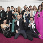 
              Aubrey Plaza, from back left, Bruno Gouery, Michael Imperioli, F. Murray Abraham, Beatrice Granno, Will Sharpe, Adam DiMarco, Simona Tabasco, Jennifer Coolidge, Federico Ferrante, Eleonora Romandini, Leo Woodall, Meghann Fahy, Sabrina Impacciatore, Theo James, Haley Lu Richardson, from bottom left, Jon Gries, Paolo Camilli, and Francesco Zecca from the cast of "The White Lotus," winners of the award for outstanding performance by an ensemble in a drama series, pose in the press room at the 29th annual Screen Actors Guild Awards on Sunday, Feb. 26, 2023, at the Fairmont Century Plaza in Los Angeles. (Photo by Jordan Strauss/Invision/AP)
            