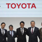 
              Koji Sato, center, Toyota chief branding officer and CEO-designate poses with his management teams, Kazuaki Shingo, left, chief production officer, Yoichi Miyazaki, second left, executive vice president, CFO, Hiroki Nakajima, second right, executive vice president, CTO, Simon Humphries, right, chief branding officer, during a press conference Monday, Feb. 13, 2023, in Tokyo. Sato, who was appointed the next president at Japan’s top automaker Toyota, introduced a management team Monday that he said will lead an aggressive push on electric vehicles. (AP Photo/Eugene Hoshiko)
            