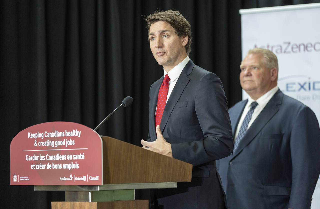 Canadian Prime Minister Justin Trudeau answers questions at an announcement in Mississauga, Ontario...
