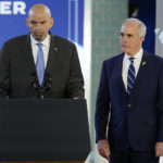 
              Sen. John Fetterman, D-Pa., speaks as Sen. Bob Casey, D-Pa., listens before President Joe Biden about his infrastructure agenda while announcing funding to upgrade Philadelphia's water facilities and replace lead pipes, Friday, Feb. 3, 2023, at Belmont Water Treatment Center in Philadelphia. (AP Photo/Patrick Semansky)
            