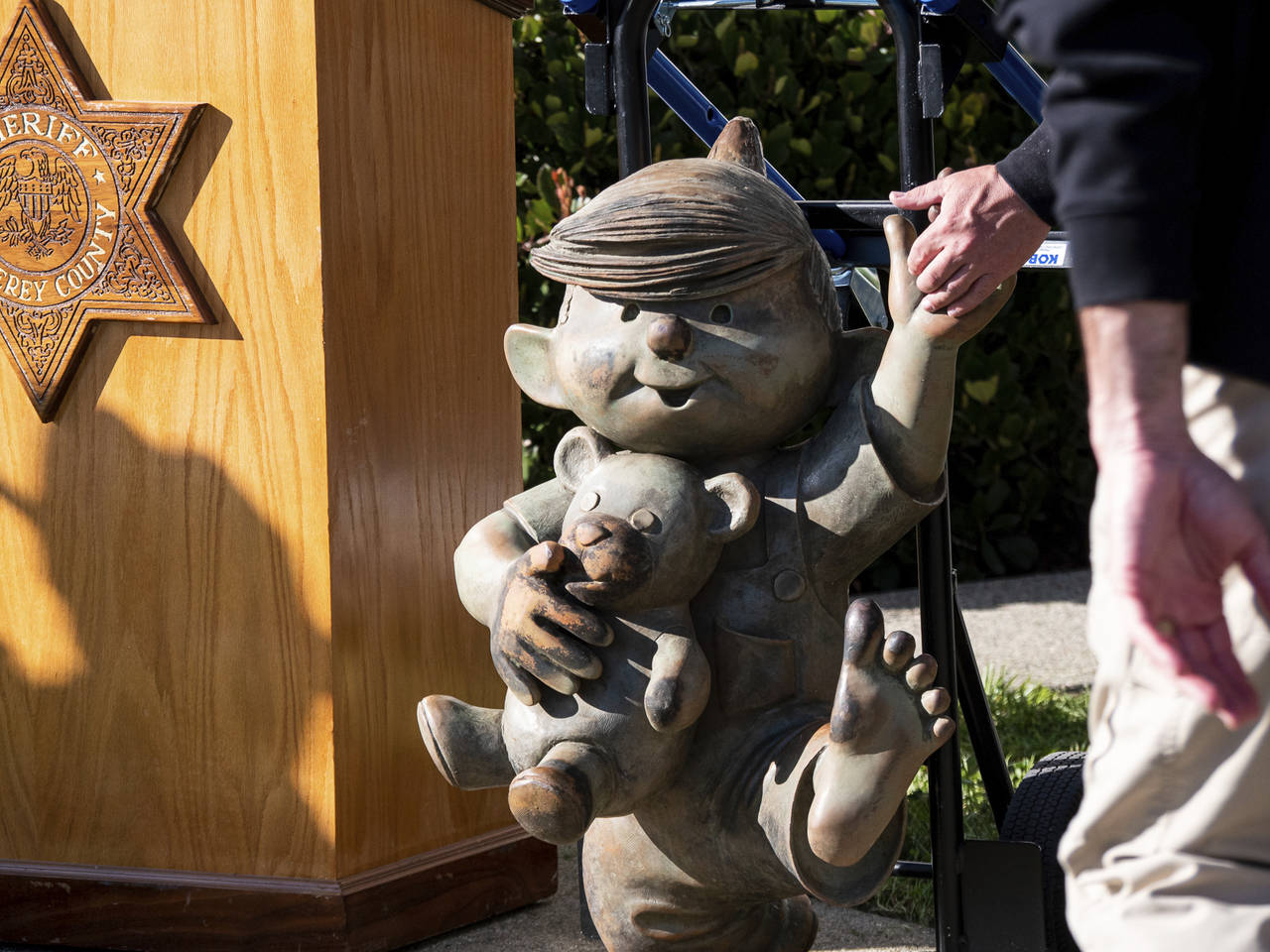 Monterey's Dennis the Menace statue on display during a news conference where is was announced it w...