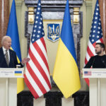 
              US President Joe Biden, left, delivers a statement as Ukrainian President Volodymyr Zelenskyy listens to him at Mariinsky Palace during an unannounced visit, in Kyiv, Ukraine, Monday, Feb. 20, 2023. (AP Photo/Evan Vucci)
            