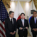 
              United States Secretary of State Antony Blinken, Japanese Foreign Minister Yoshimasa Hayashi and South Korea Foreign Minister Park Jin, from left, stand together during their meeting at the Munich Security Conference in Munich, Saturday, Feb. 18, 2023. The 59th Munich Security Conference (MSC) is taking place from Feb. 17 to Feb. 19, 2023 at the Bayerischer Hof Hotel in Munich. (AP Photo/Petr David Josek, Pool)
            