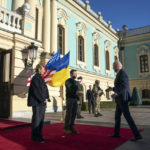 
              US President Joe Biden, right, meets with Ukrainian President Volodymyr Zelenskyy, centre, and Olena Zelenska, left, spouse of President Zelenskyy, at Mariinsky Palace during an unannounced visit in Kyiv, Ukraine, Monday, Feb. 20, 2023. (AP Photo/Evan Vucci, Pool)
            