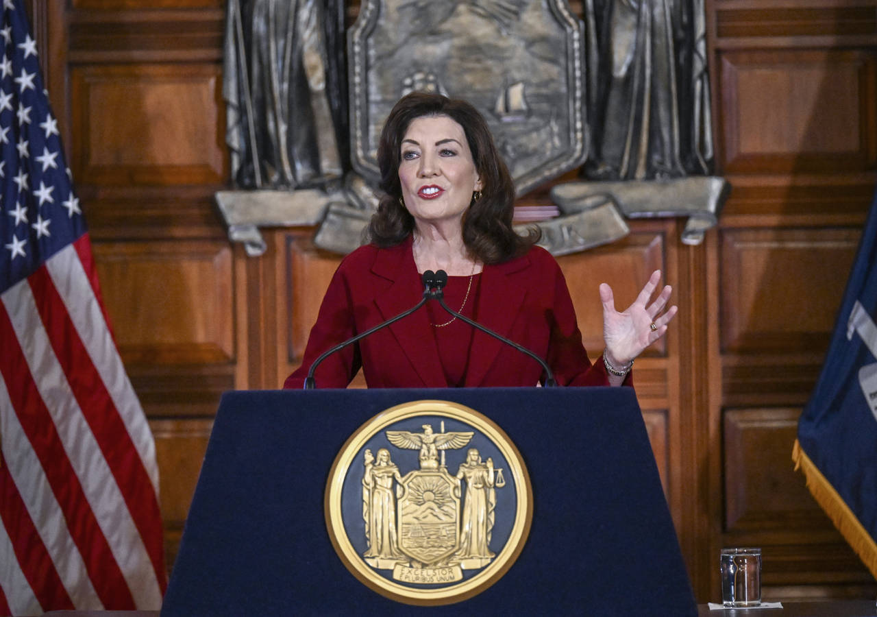 New York Gov. Kathy Hochul presents her executive state budget in the Red Room at the state Capitol...