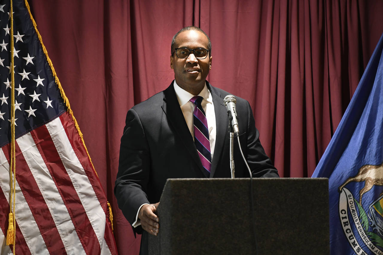 Rep. John James, R-Mich, addresses the audience after being sworn into office, Friday, Feb. 24, 202...