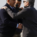 
              U.S. Secretary of State Antony Blinken, right, is greeted by Turkish Foreign Minister Mevlut Cavusoglu, at Incirlik Air Base near Adana, Turkey, Sunday, Feb. 19, 2023. (Clodagh Kilcoyne/Pool Photo via AP)
            