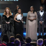 
              Chris Perfetti, from left, Lisa Ann Walter, Janelle James, Quinta Brunson, Sheryl Lee Ralph, Tyler James Williams, and William Stanford Davis accept the award for outstanding performance by an ensemble in a comedy series for "Abbott Elementary" at the 29th annual Screen Actors Guild Awards on Sunday, Feb. 26, 2023, at the Fairmont Century Plaza in Los Angeles. (AP Photo/Chris Pizzello)
            