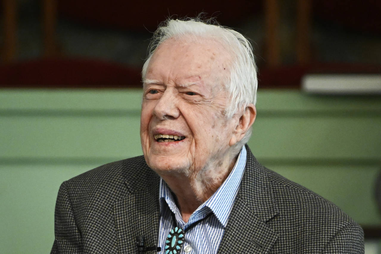 FILE - In this Nov. 3, 2019 file photo, former President Jimmy Carter teaches Sunday school at Mara...