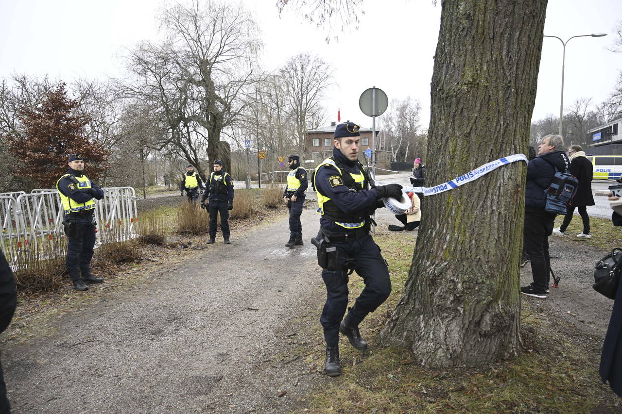 FILE - Police cordon off the area outside the Turkish embassy in Stockholm, Sweden, on Jan. 21, 202...