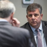 
              Witness Chris Wilson answers questions from prosecutor Creighton Waters during Alex Murdaugh's double murder trial at the Colleton County Courthouse on Thursday, Feb. 9, 2023, in Walterboro, S.C. The 54-year-old attorney is standing trial on two counts of murder in the shootings of his wife and son at their Colleton County home and hunting lodge on June 7, 2021. (Andrew J. Whitaker/The Post And Courier via AP, Pool)
            